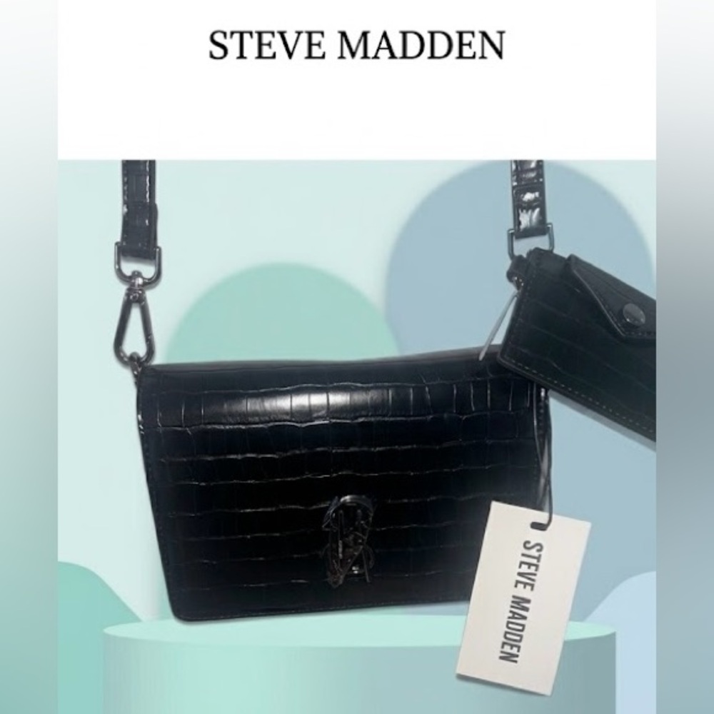Steve Madden Black Croc-Embossed Shoulder Bag with Card Pouch